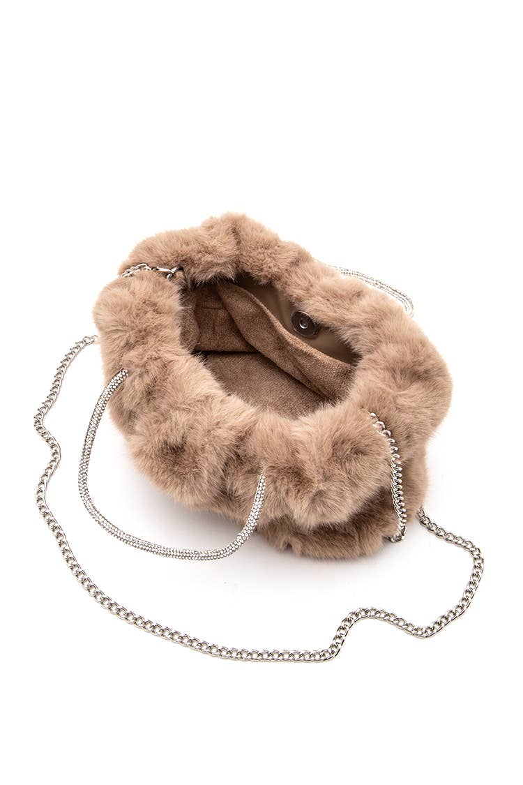 Rhinestone Top Handle Faux Fur Bag