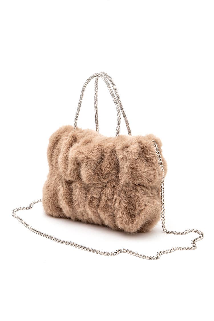 Rhinestone Top Handle Faux Fur Bag