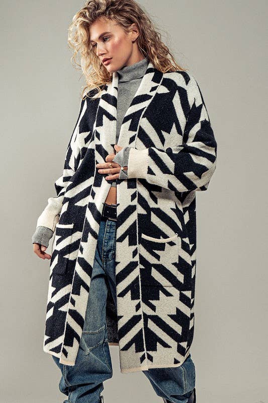 Houndstooth Open Front Knit Cardigan
