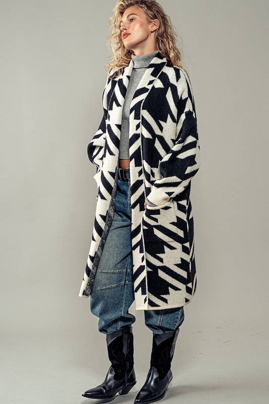 Houndstooth Open Front Knit Cardigan