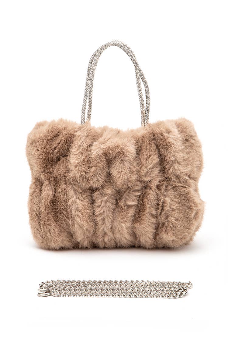 Rhinestone Top Handle Faux Fur Bag